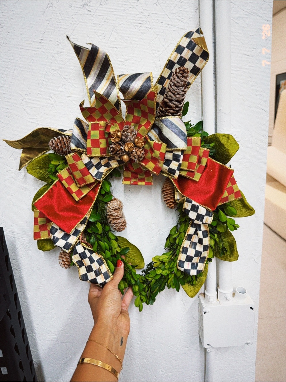 MacKenzie-Childs Green Wreath with Red, Black & Gold Ribbon